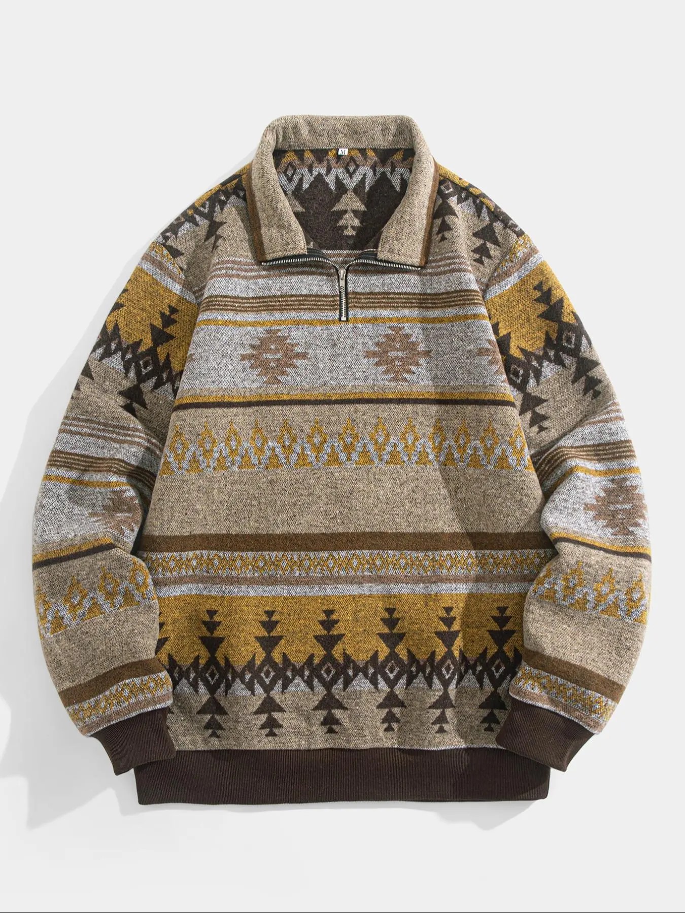 Men's Ethnic Pattern Half Zip Mock Neck Jacket – Loose Casual Long Sleeve Winter Outerwear