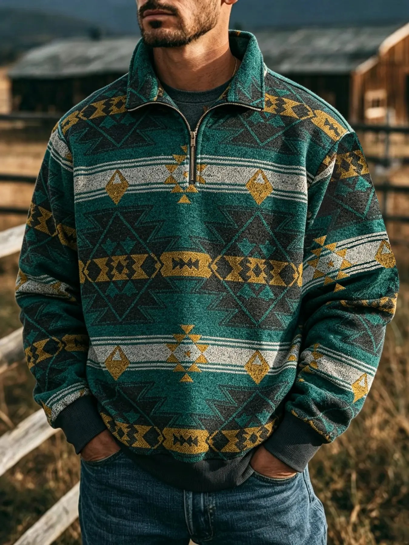 Men's Ethnic Pattern Half Zip Mock Neck Jacket – Loose Casual Long Sleeve Winter Outerwear