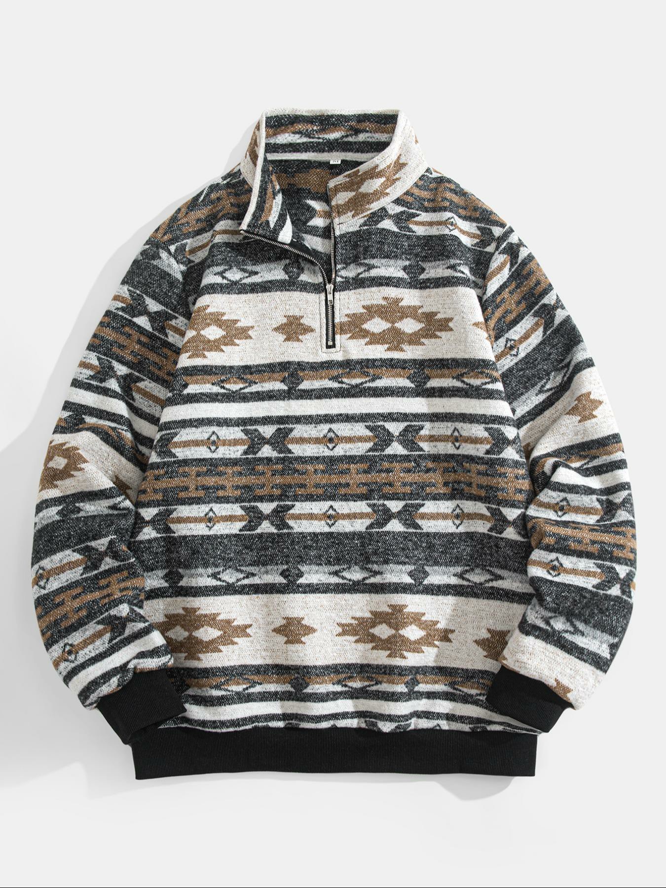 Men's Ethnic Pattern Half Zip Mock Neck Jacket – Loose Casual Long Sleeve Winter Outerwear