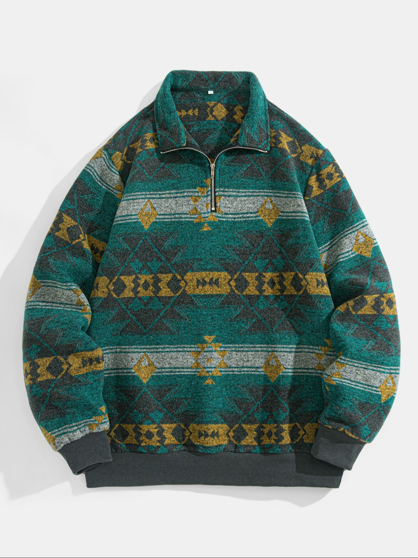 Men's Ethnic Pattern Half Zip Mock Neck Jacket – Loose Casual Long Sleeve Winter Outerwear