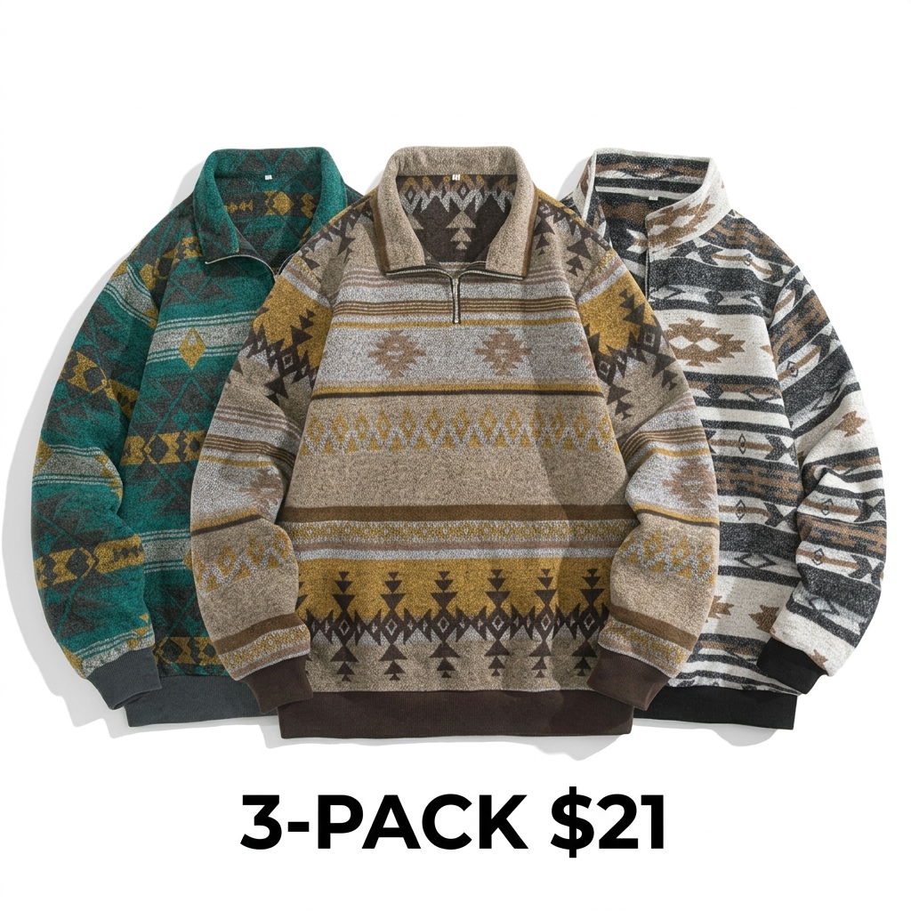 Men's Ethnic Pattern Half Zip Mock Neck Jacket – Loose Casual Long Sleeve Winter Outerwear