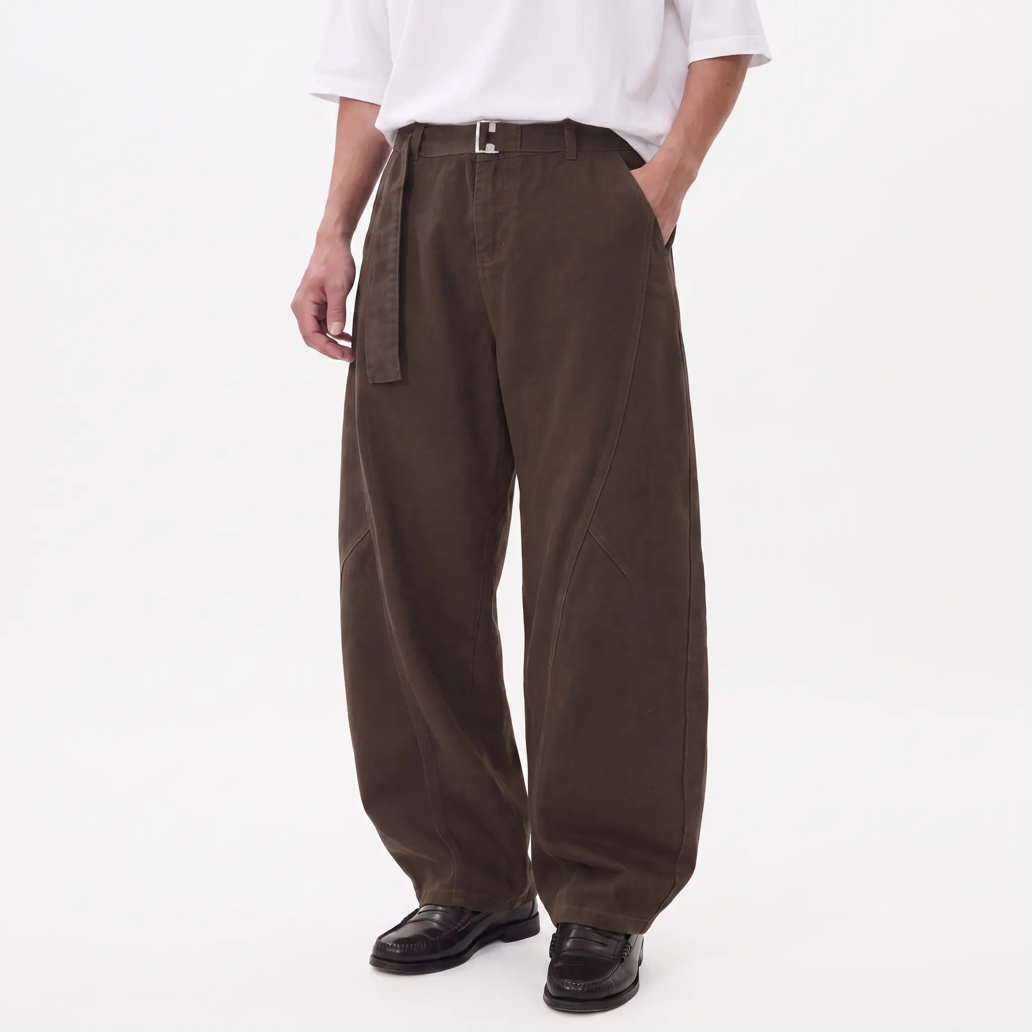 Men's Vintage 100% Cotton Wide-Leg Pants – Relaxed Baggy Fit with Curved Seam Detail & Adjustable Belt
