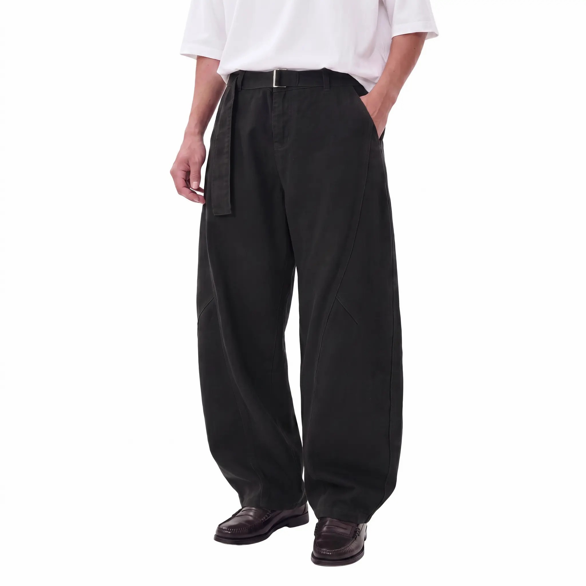 Men's Vintage 100% Cotton Wide-Leg Pants – Relaxed Baggy Fit with Curved Seam Detail & Adjustable Belt