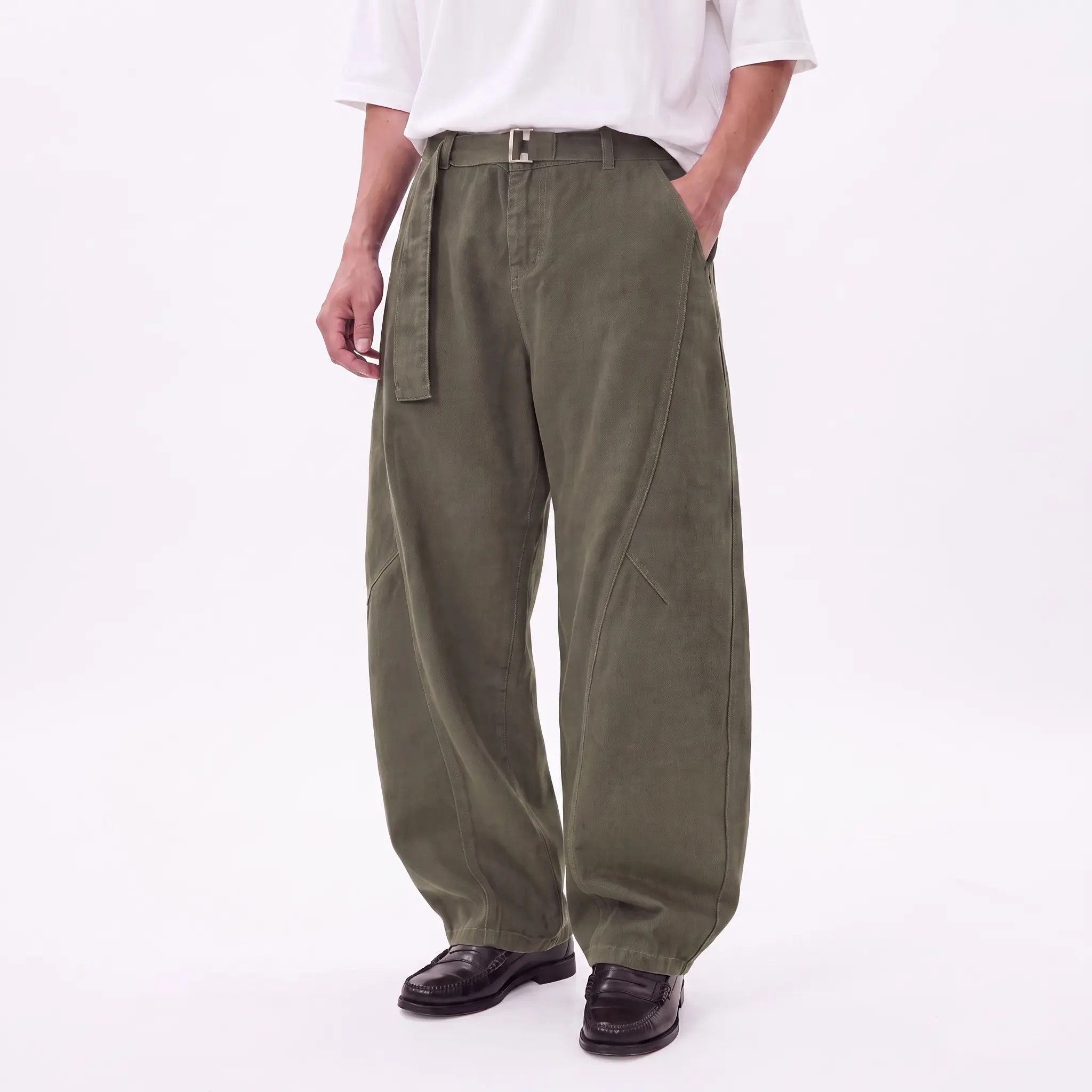 Men's Vintage 100% Cotton Wide-Leg Pants – Relaxed Baggy Fit with Curved Seam Detail & Adjustable Belt