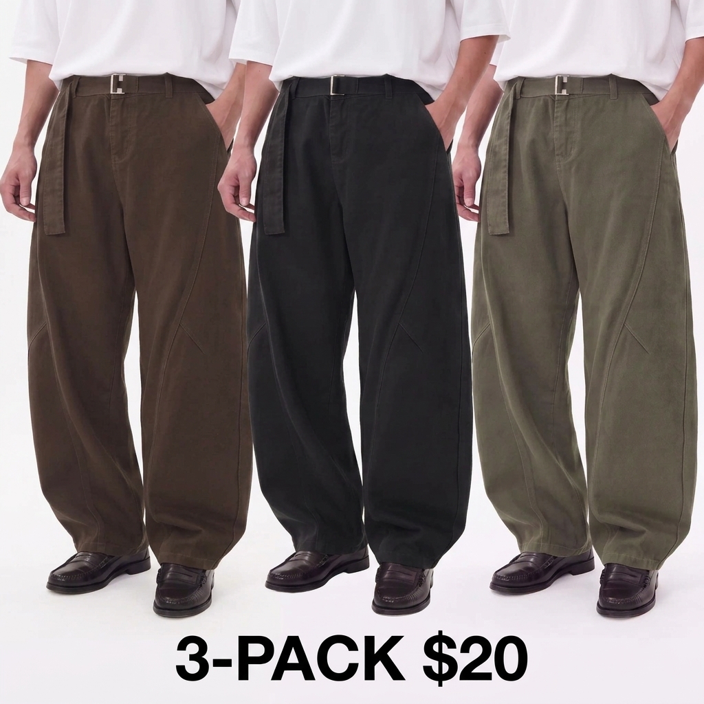 Men's Vintage 100% Cotton Wide-Leg Pants – Relaxed Baggy Fit with Curved Seam Detail & Adjustable Belt
