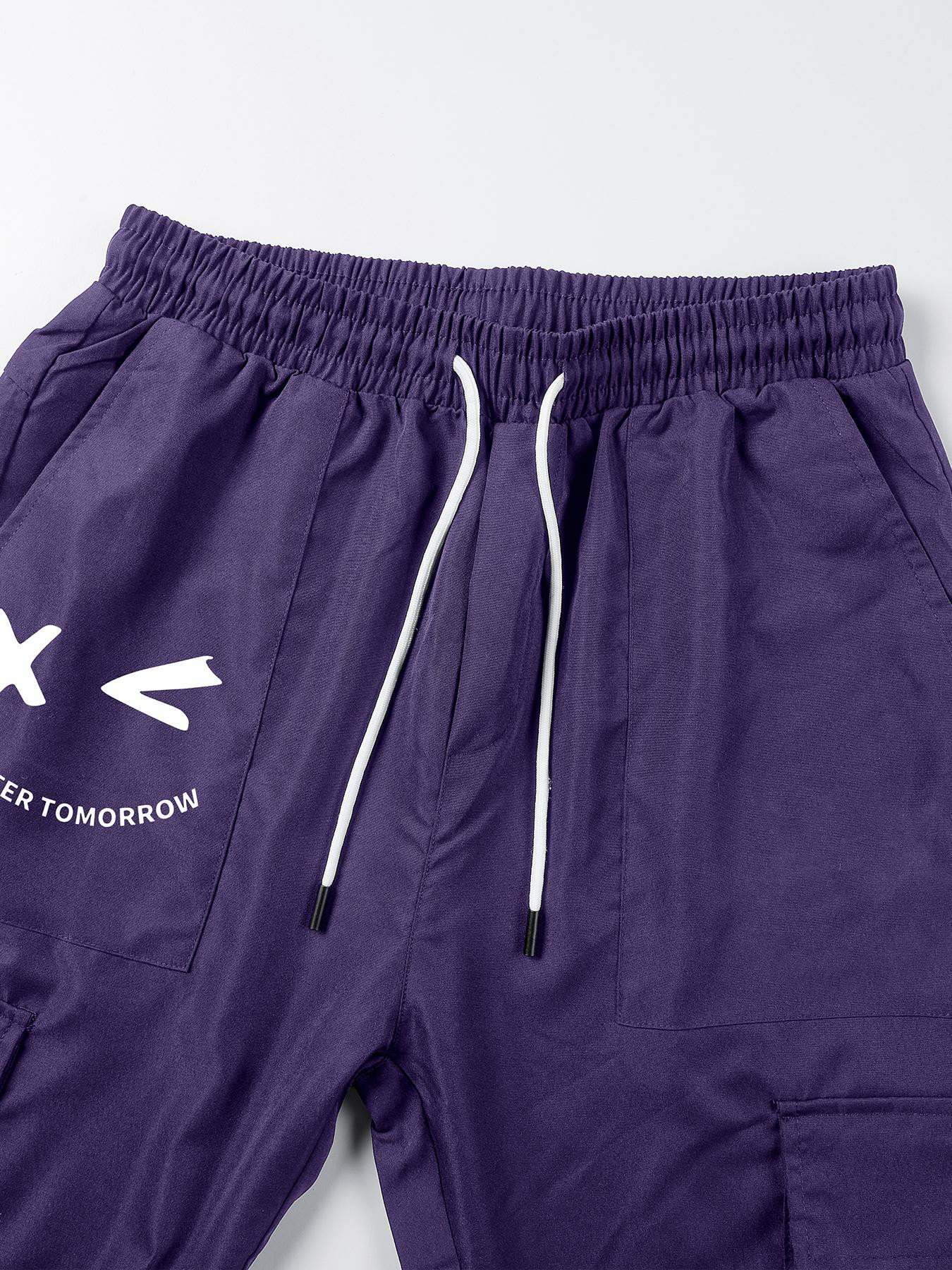 Men's Purple Cargo Jogger Pants – "Better Tomorrow" Print, Tear-Resistant, Multi-Pocket Streetwear