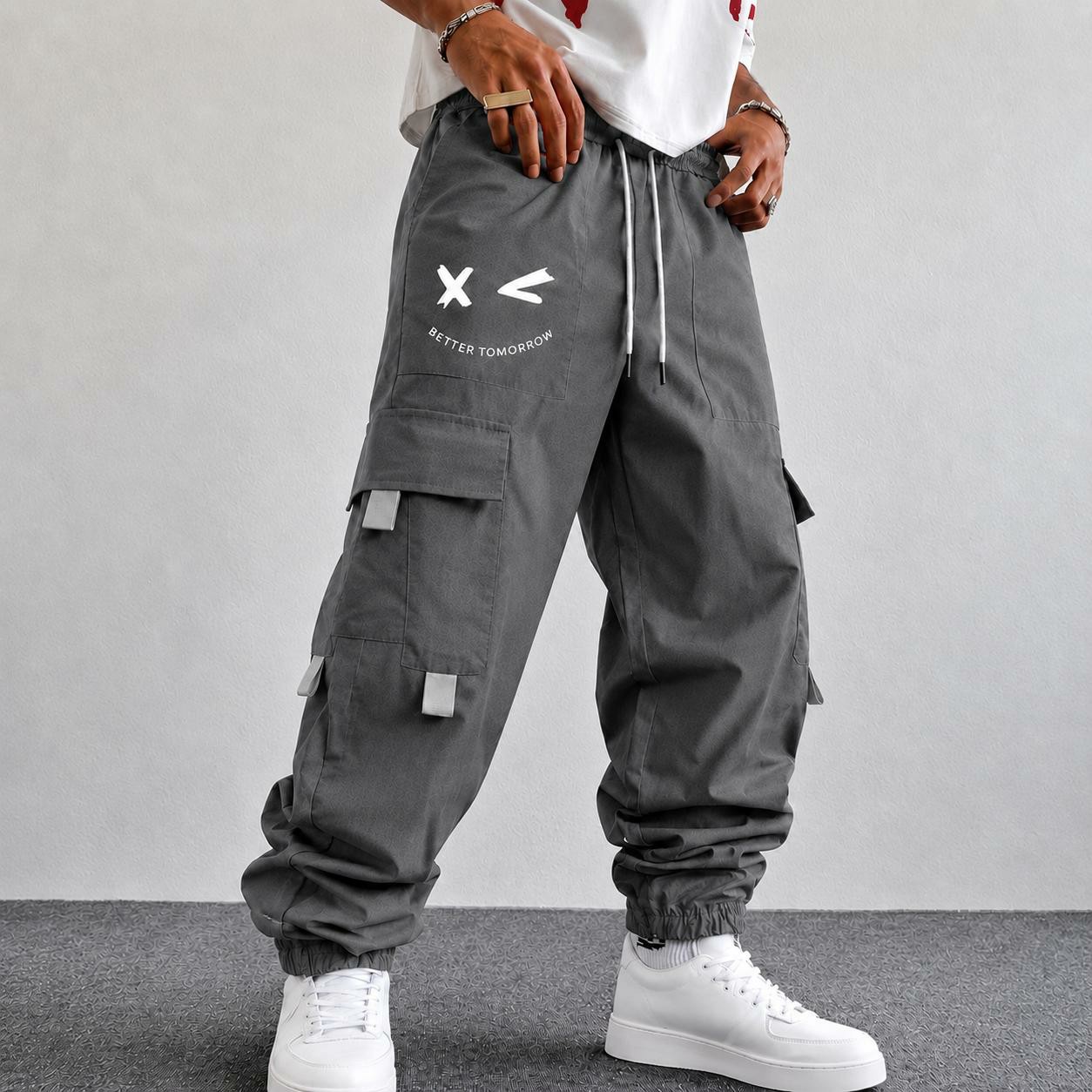 Men's Purple Cargo Jogger Pants – "Better Tomorrow" Print, Tear-Resistant, Multi-Pocket Streetwear