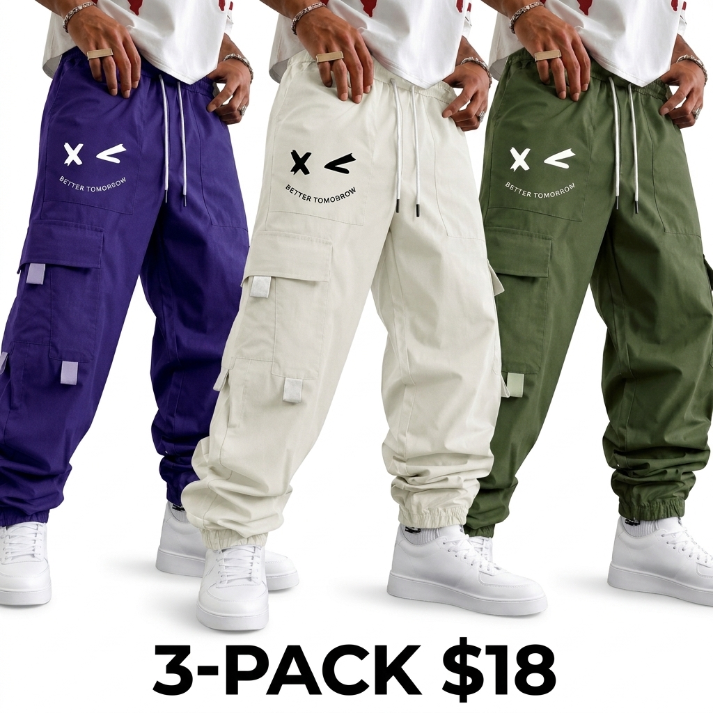 Men's Purple Cargo Jogger Pants – "Better Tomorrow" Print, Tear-Resistant, Multi-Pocket Streetwear