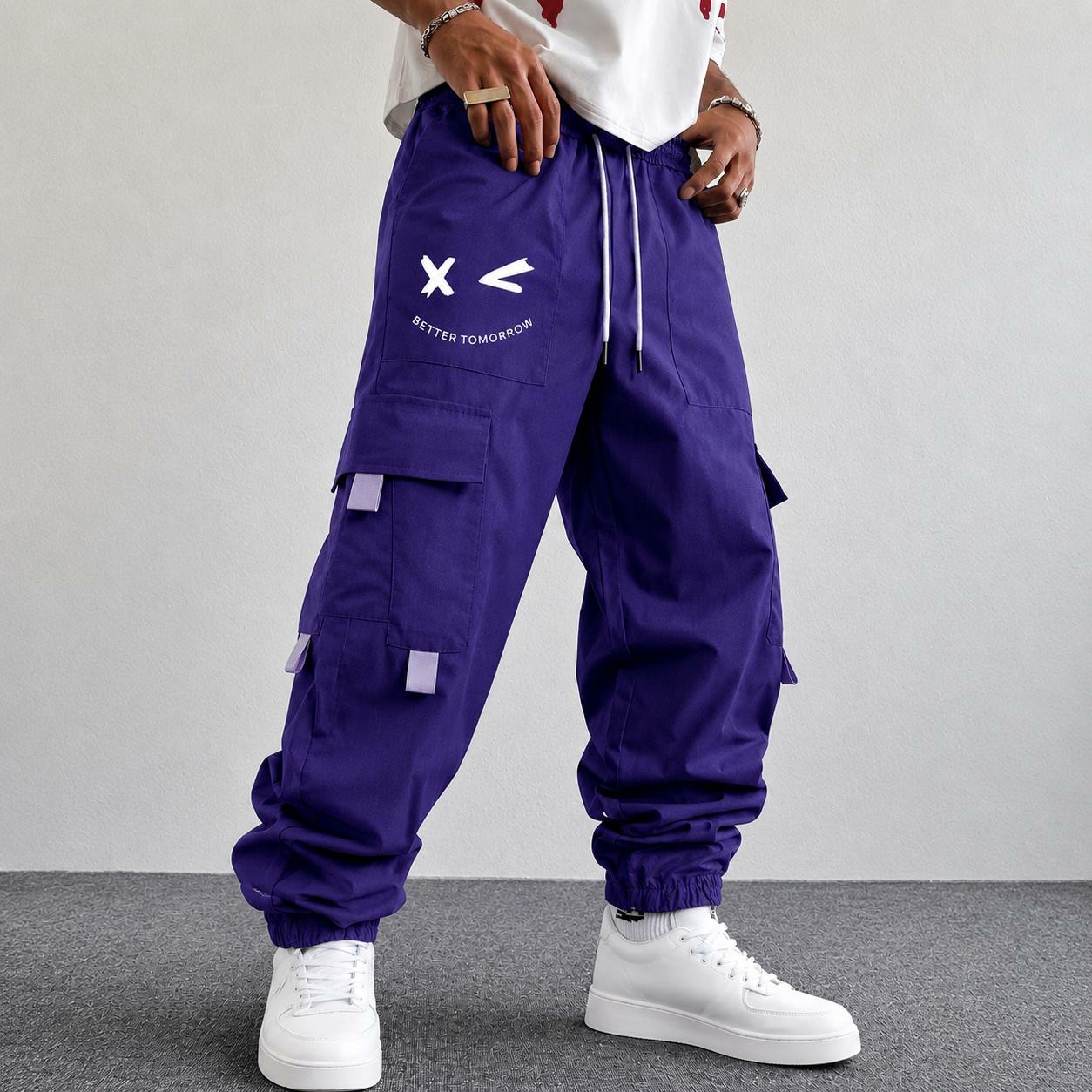 Men's Purple Cargo Jogger Pants – "Better Tomorrow" Print, Tear-Resistant, Multi-Pocket Streetwear