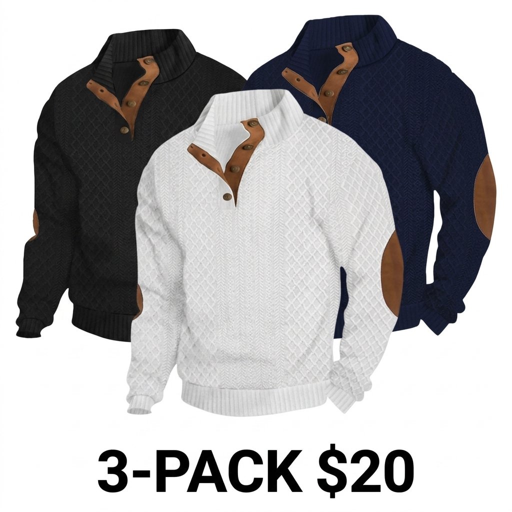 Men's 3-Pack Jacquard Stand Collar Henley Tops – Long Sleeve Button Neck Minimalist Streetwear