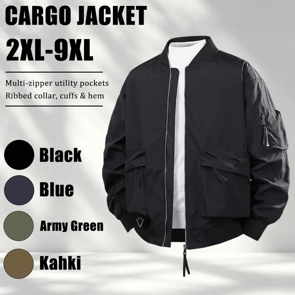 Plus-Size Men's Workwear Jacket – Relaxed Fit with Multiple Zippered Pockets & Ribbed Cuffs