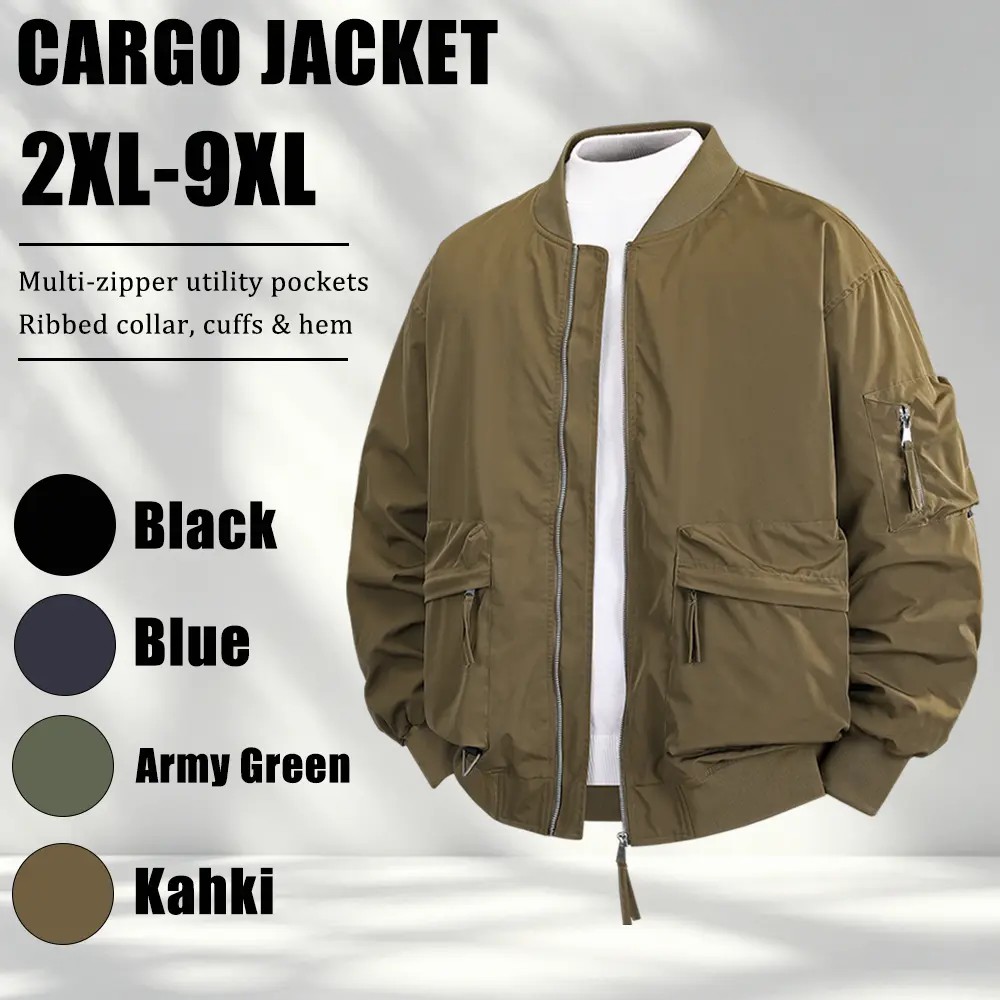 Plus-Size Men's Workwear Jacket – Relaxed Fit with Multiple Zippered Pockets & Ribbed Cuffs