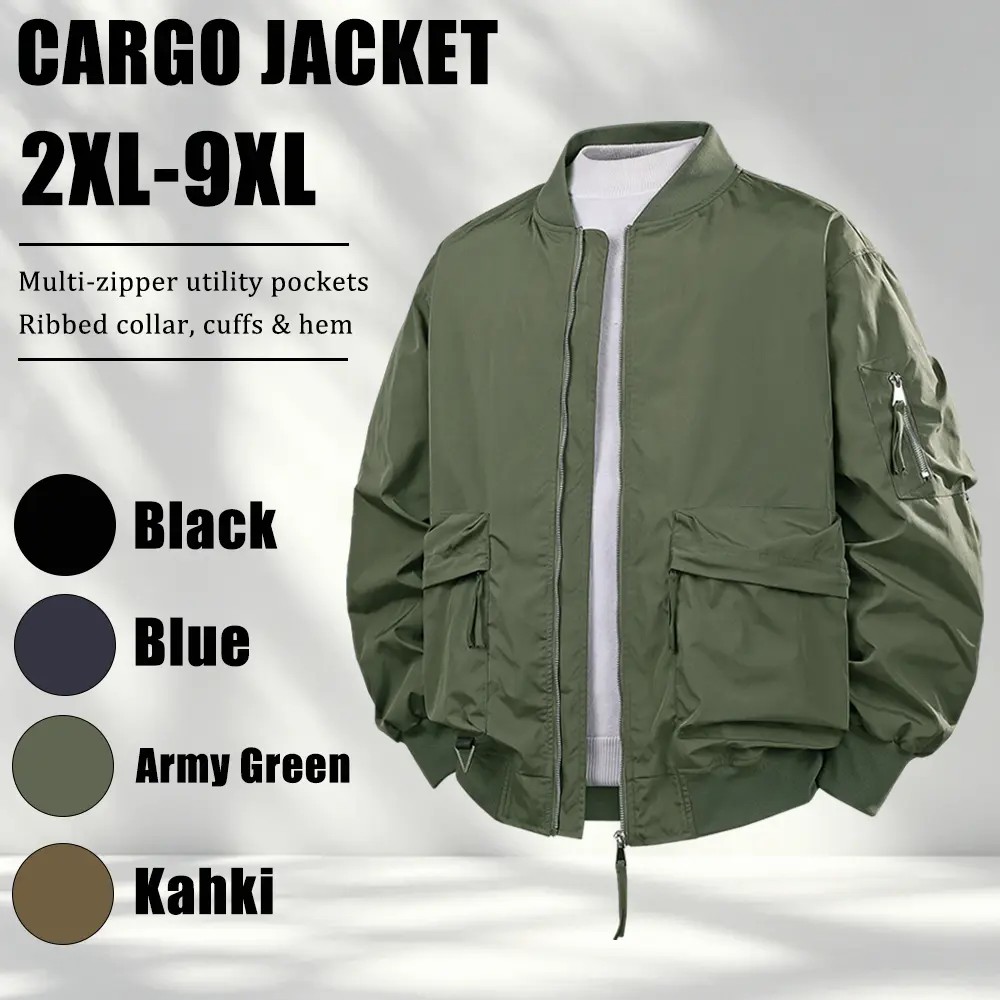 Plus-Size Men's Workwear Jacket – Relaxed Fit with Multiple Zippered Pockets & Ribbed Cuffs