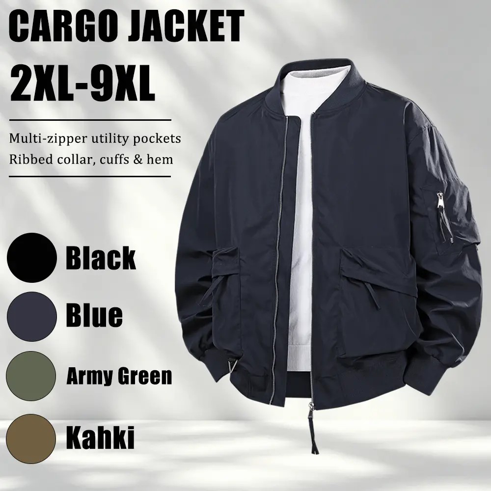 Plus-Size Men's Workwear Jacket – Relaxed Fit with Multiple Zippered Pockets & Ribbed Cuffs
