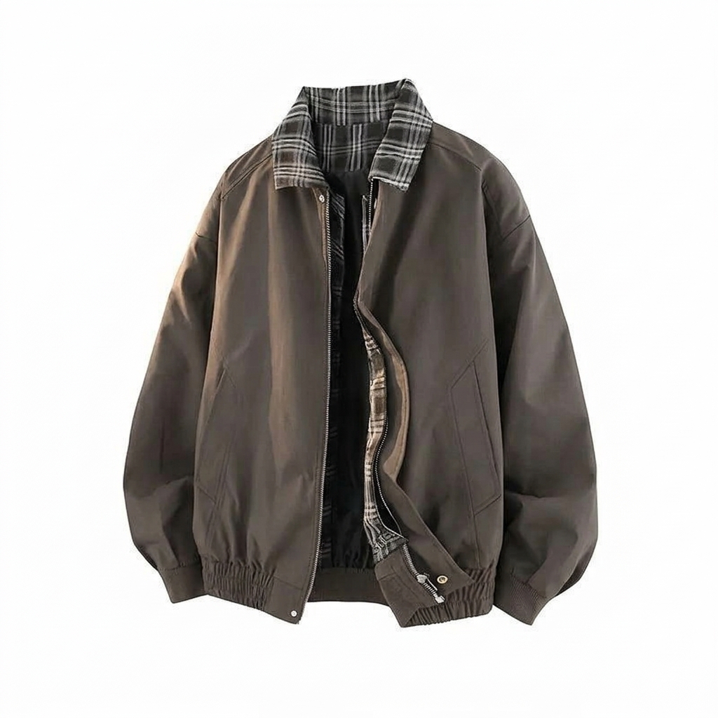 Men's Vintage Plaid Fake Two-Piece Jacket – Workwear Lapel Coat with Flight Baseball Uniform Spliced Design