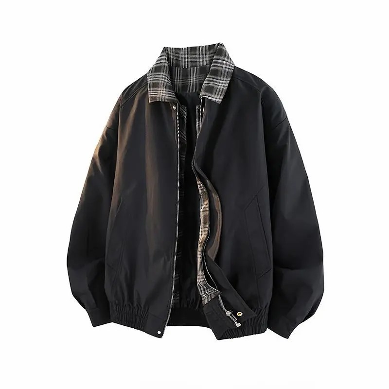 Men's Vintage Plaid Fake Two-Piece Jacket – Workwear Lapel Coat with Flight Baseball Uniform Spliced Design