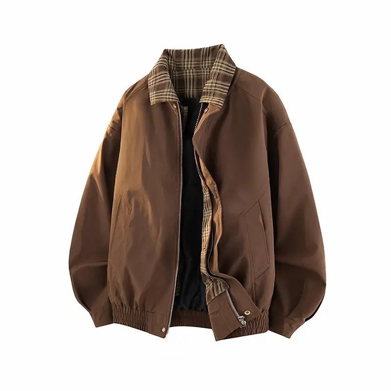 Men's Vintage Plaid Fake Two-Piece Jacket – Workwear Lapel Coat with Flight Baseball Uniform Spliced Design