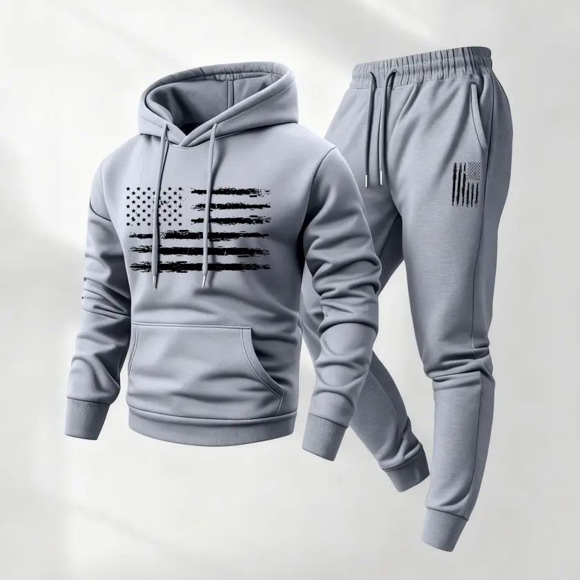 Men's 2-Piece American Flag Print Hoodie & Sweatpants Set – Cozy Casual Sweatsuit