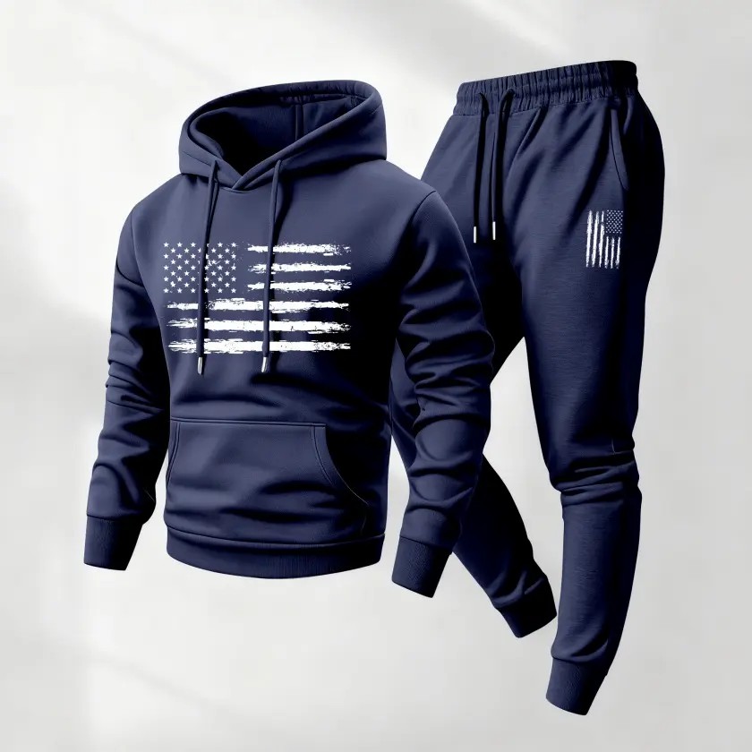 Men's 2-Piece American Flag Print Hoodie & Sweatpants Set – Cozy Casual Sweatsuit