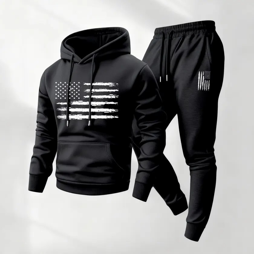Men's 2-Piece American Flag Print Hoodie & Sweatpants Set – Cozy Casual Sweatsuit
