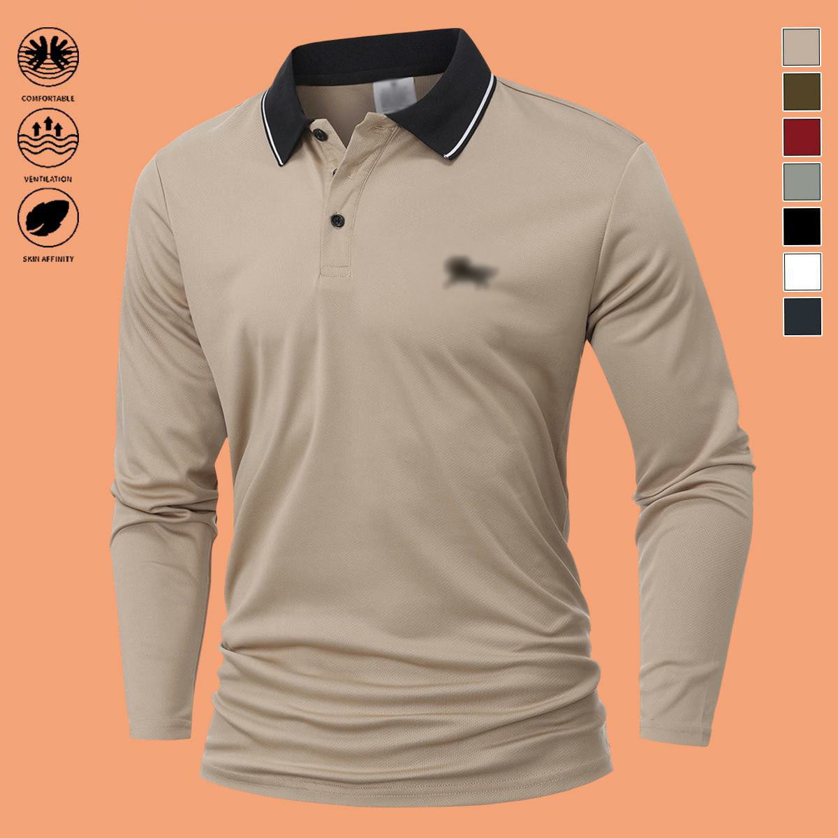 Men's 7-Pack Long Sleeve Polo Shirts – Slim Fit Polyester Tops with Horse Print & Contrast Collar