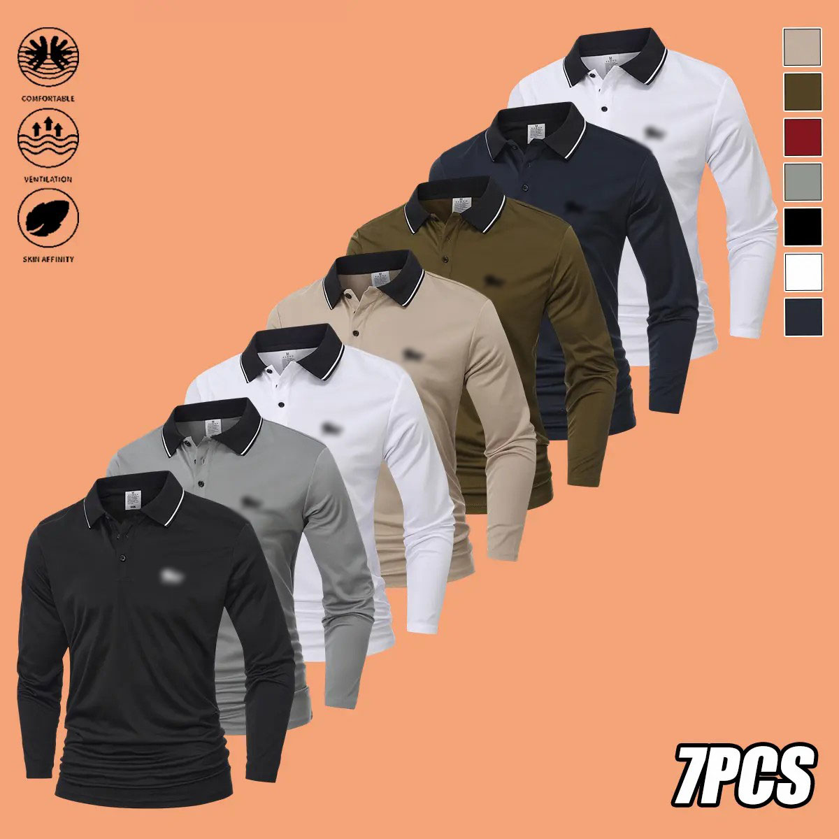Men's 7-Pack Long Sleeve Polo Shirts – Slim Fit Polyester Tops with Horse Print & Contrast Collar