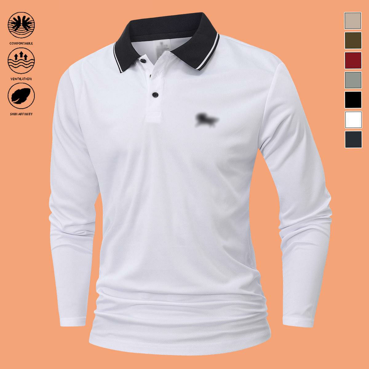 Men's 7-Pack Long Sleeve Polo Shirts – Slim Fit Polyester Tops with Horse Print & Contrast Collar