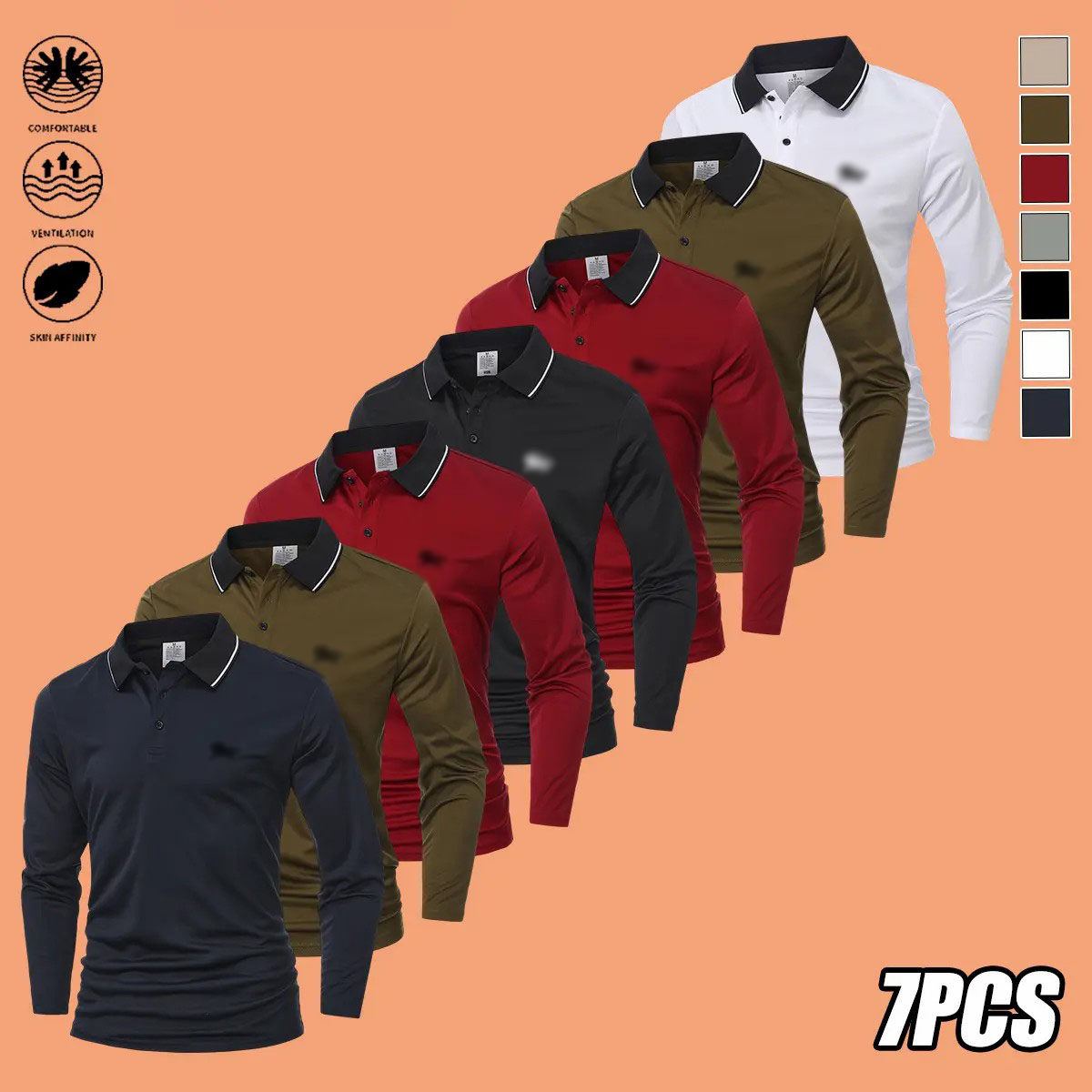 Men's 7-Pack Long Sleeve Polo Shirts – Slim Fit Polyester Tops with Horse Print & Contrast Collar