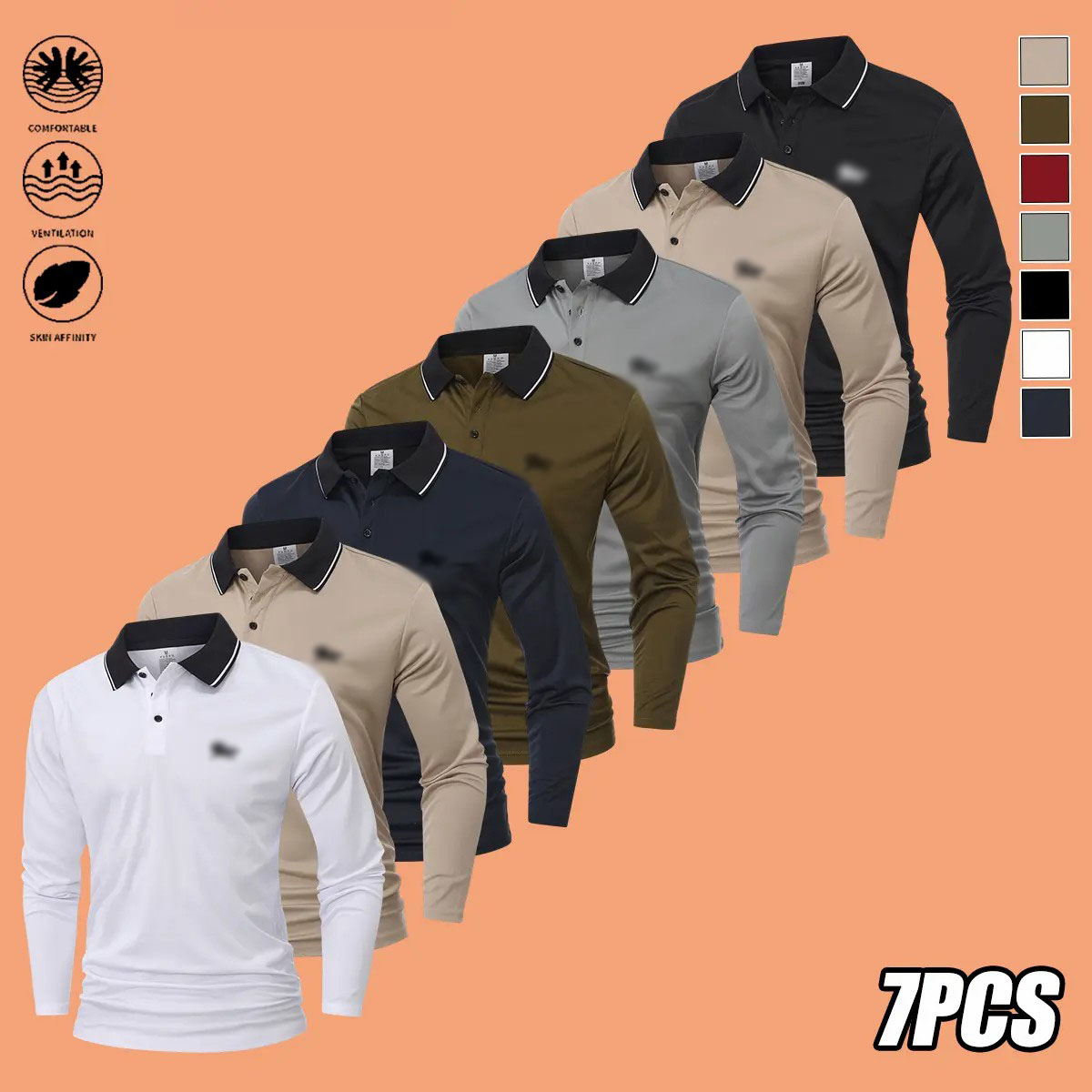 Men's 7-Pack Long Sleeve Polo Shirts – Slim Fit Polyester Tops with Horse Print & Contrast Collar
