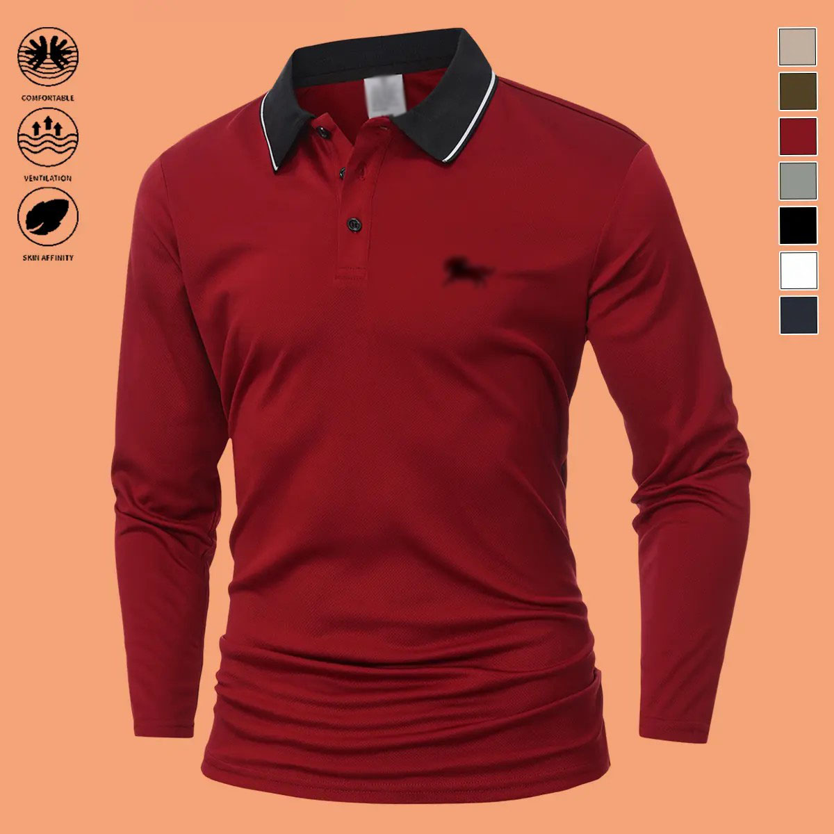 Men's 7-Pack Long Sleeve Polo Shirts – Slim Fit Polyester Tops with Horse Print & Contrast Collar