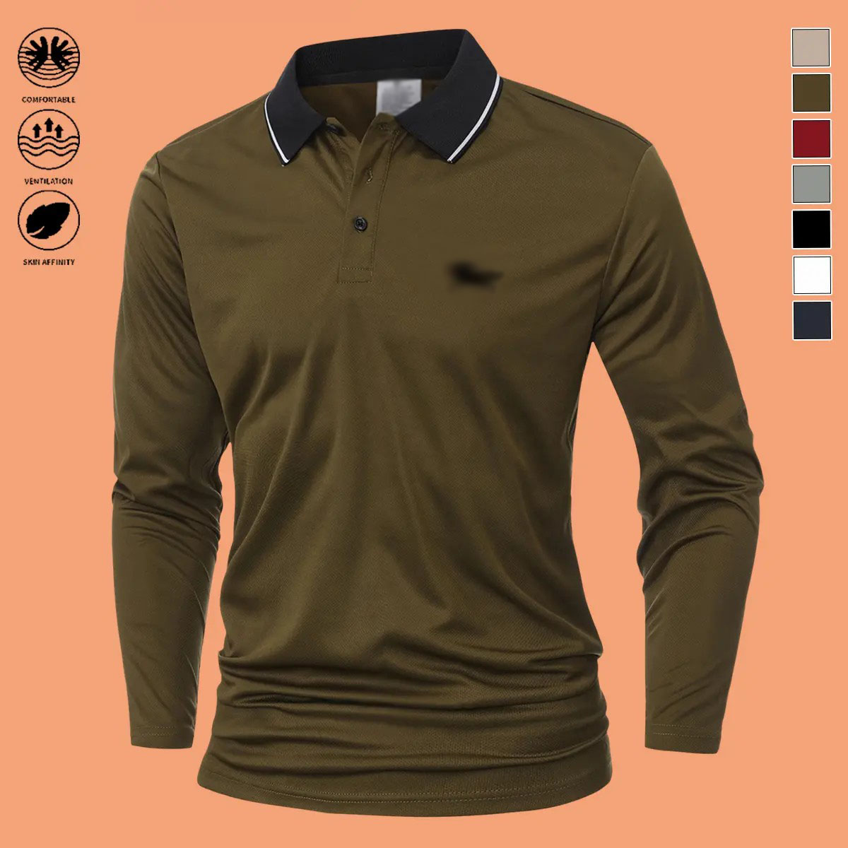 Men's 7-Pack Long Sleeve Polo Shirts – Slim Fit Polyester Tops with Horse Print & Contrast Collar