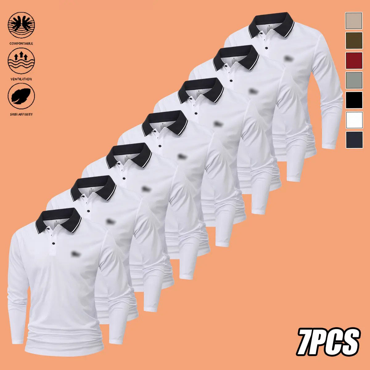 Men's 7-Pack Long Sleeve Polo Shirts – Slim Fit Polyester Tops with Horse Print & Contrast Collar