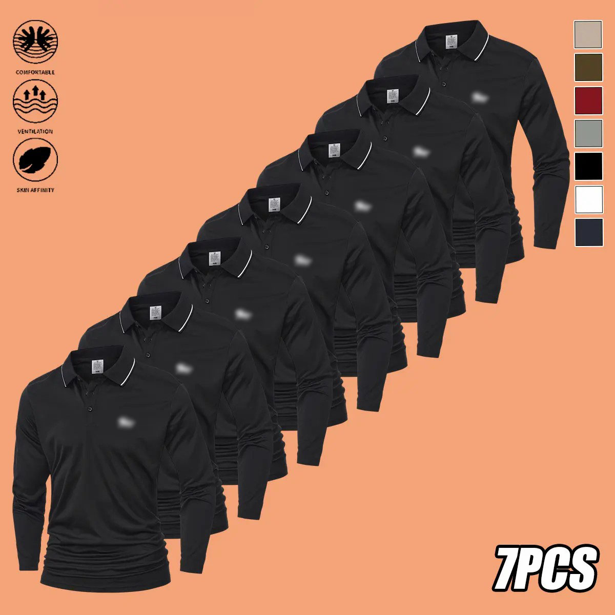 Men's 7-Pack Long Sleeve Polo Shirts – Slim Fit Polyester Tops with Horse Print & Contrast Collar