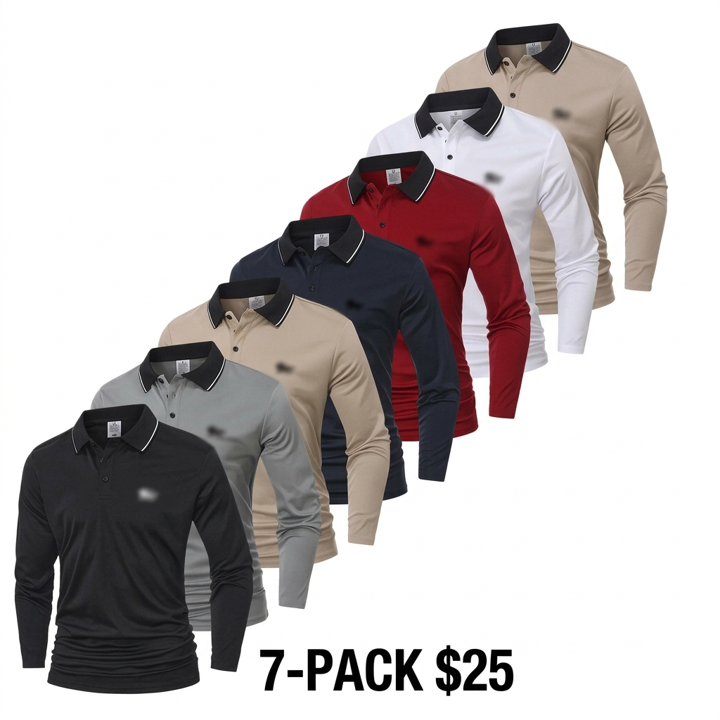 Men's 7-Pack Long Sleeve Polo Shirts – Slim Fit Polyester Tops with Horse Print & Contrast Collar