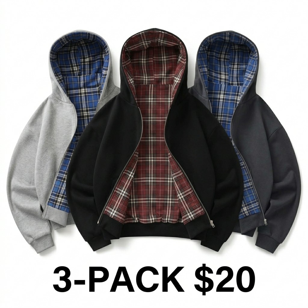 Unisex Reversible Plaid Half Zip Hoodie – Cotton-Blend Hooded Jacket with Pockets