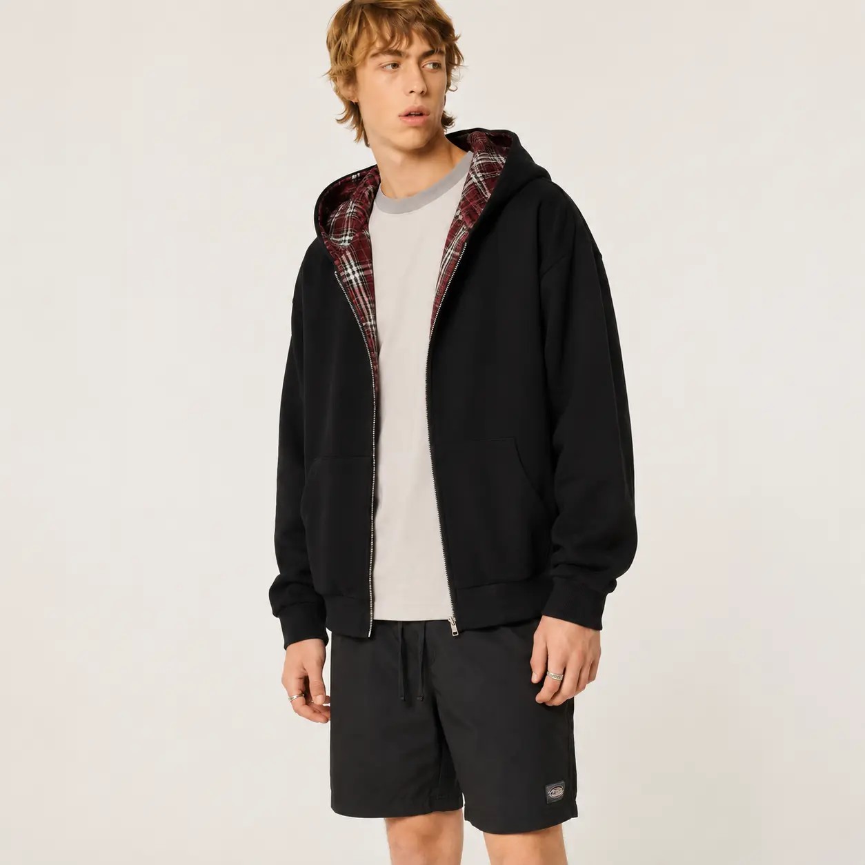 Unisex Reversible Plaid Half Zip Hoodie – Cotton-Blend Hooded Jacket with Pockets