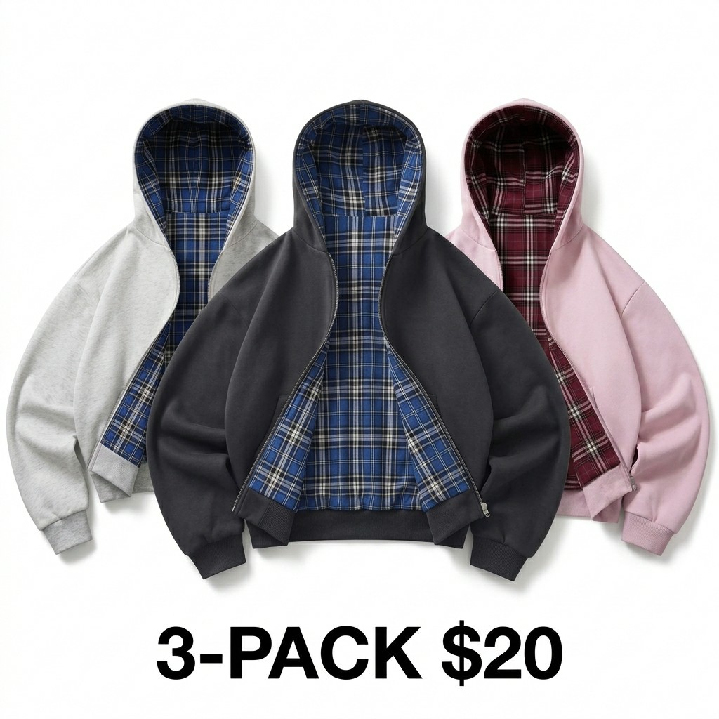 Unisex Reversible Plaid Half Zip Hoodie – Cotton-Blend Hooded Jacket with Pockets