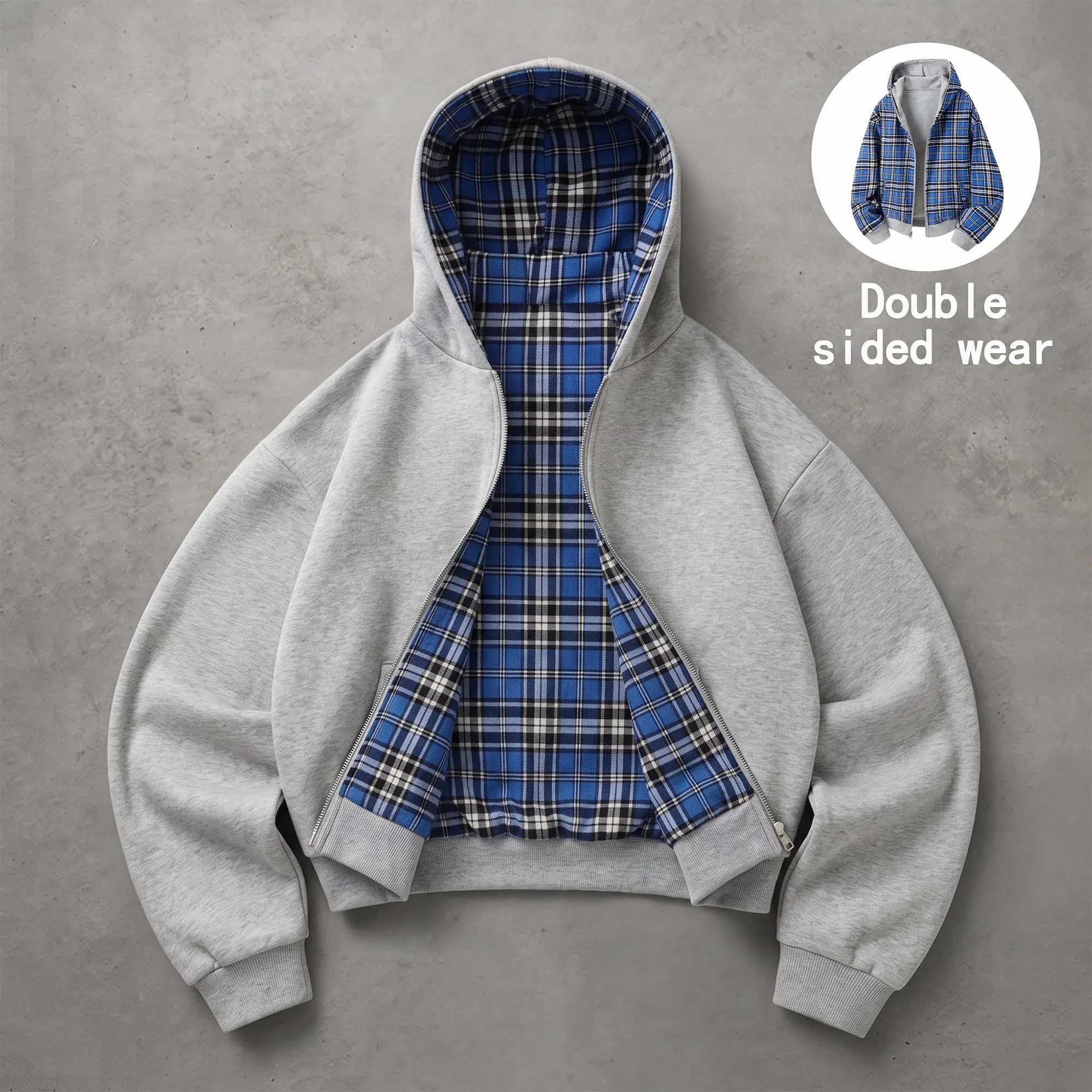 Unisex Reversible Plaid Half Zip Hoodie – Cotton-Blend Hooded Jacket with Pockets