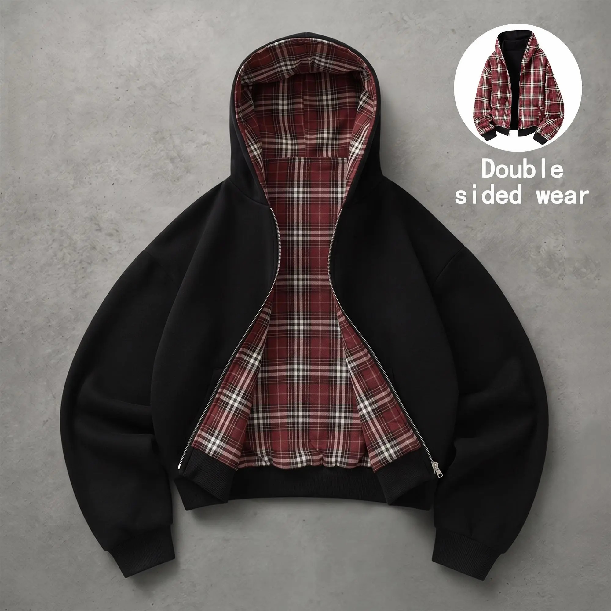 Unisex Reversible Plaid Half Zip Hoodie – Cotton-Blend Hooded Jacket with Pockets