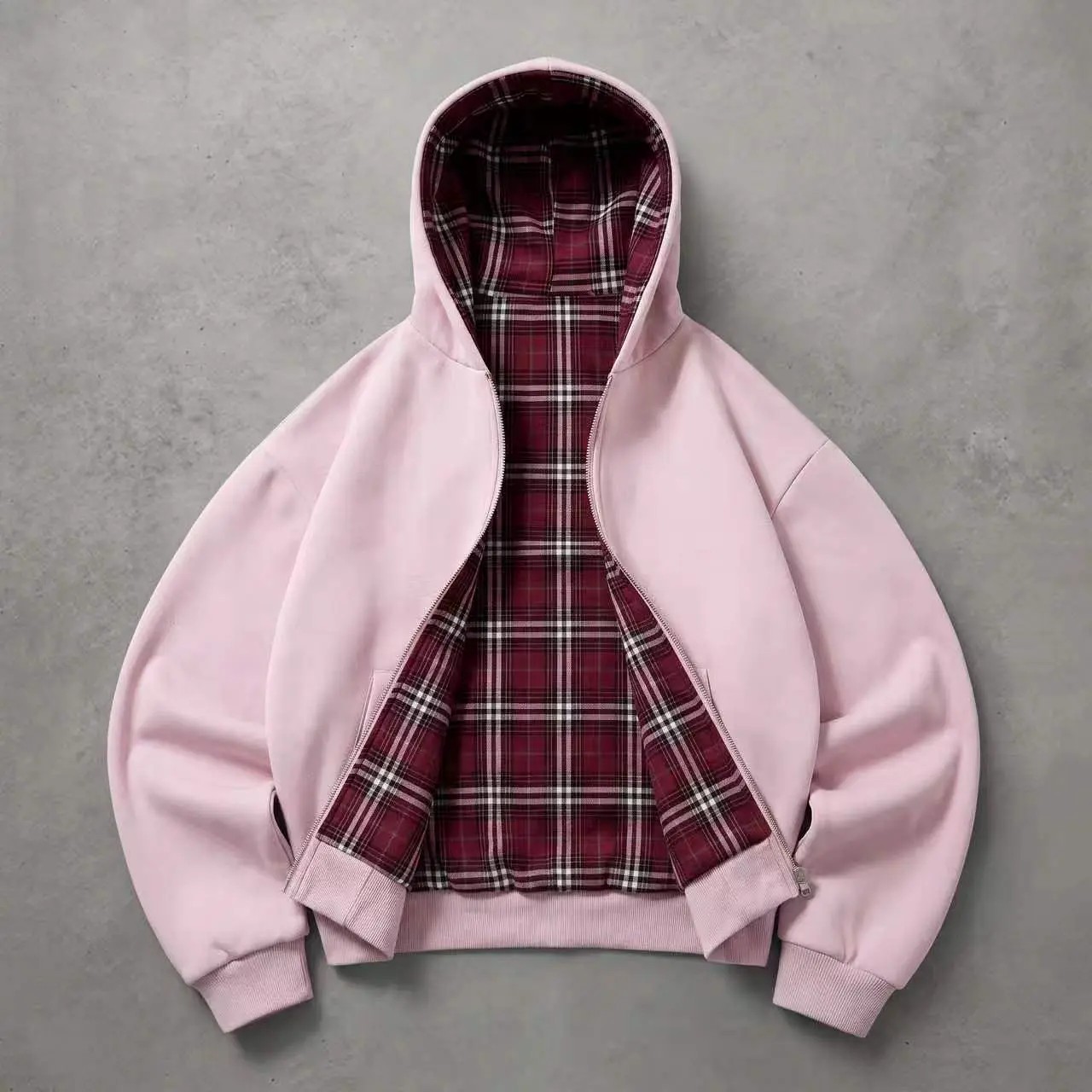 Unisex Reversible Plaid Half Zip Hoodie – Cotton-Blend Hooded Jacket with Pockets