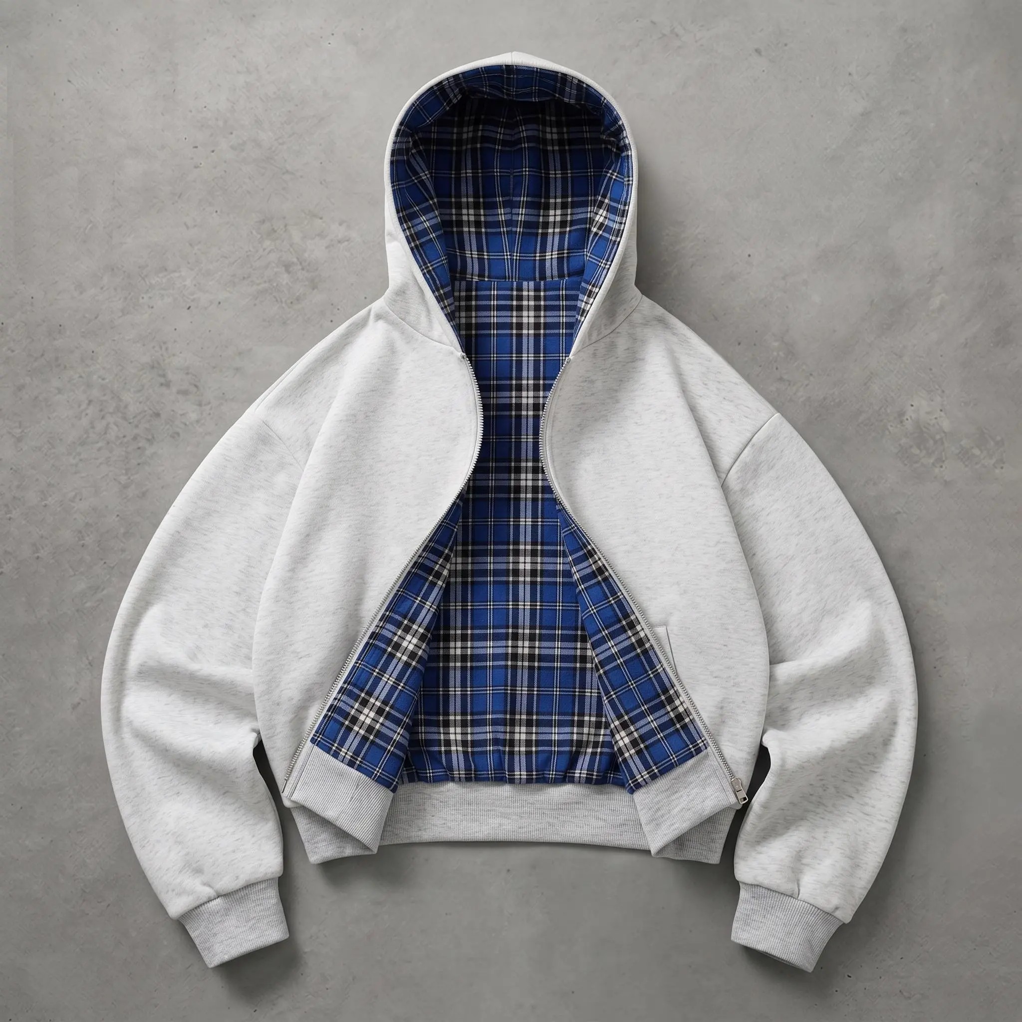 Unisex Reversible Plaid Half Zip Hoodie – Cotton-Blend Hooded Jacket with Pockets