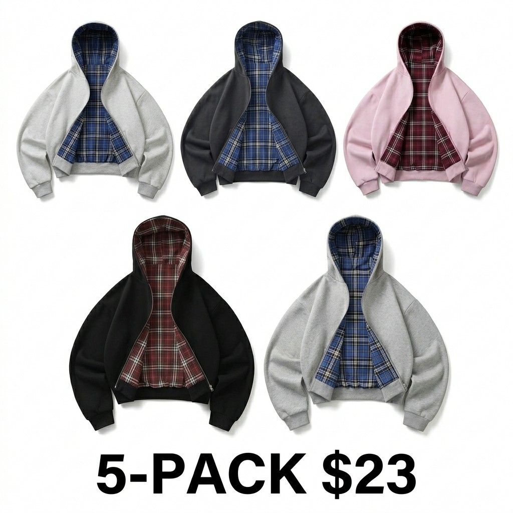 Unisex Reversible Plaid Half Zip Hoodie – Cotton-Blend Hooded Jacket with Pockets
