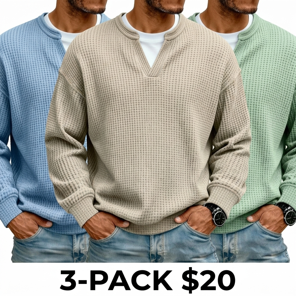 Men's 3D Checkered Waffle Knit Henley Polo Shirt – Breathable Soft Long Sleeve Loose Fit Top