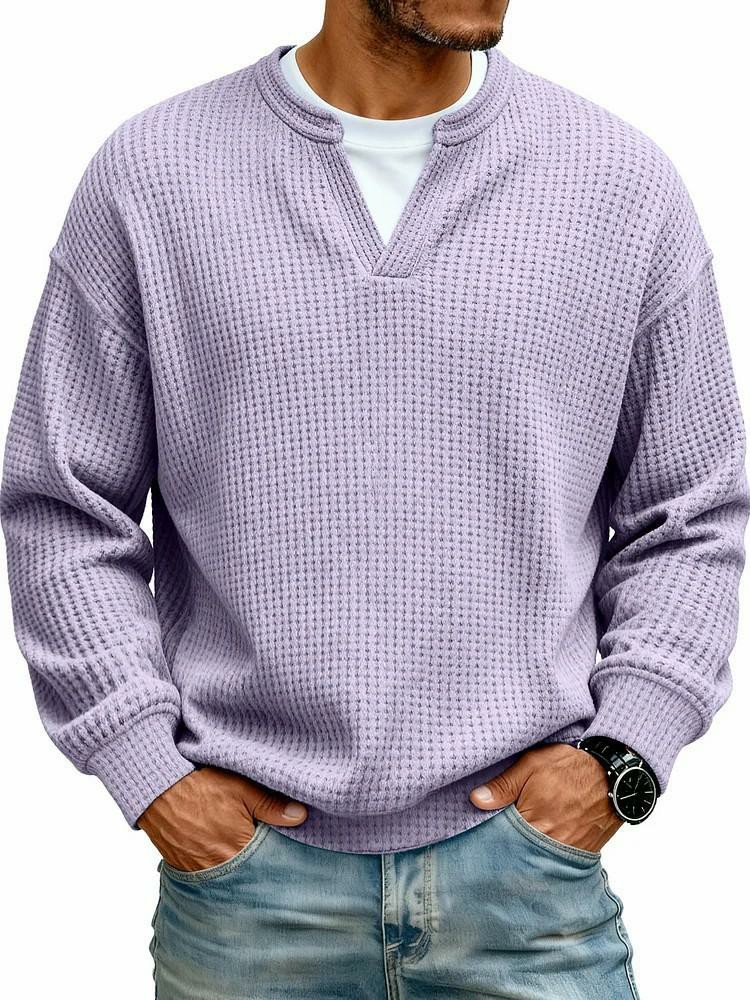 Men's 3D Checkered Waffle Knit Henley Polo Shirt – Breathable Soft Long Sleeve Loose Fit Top