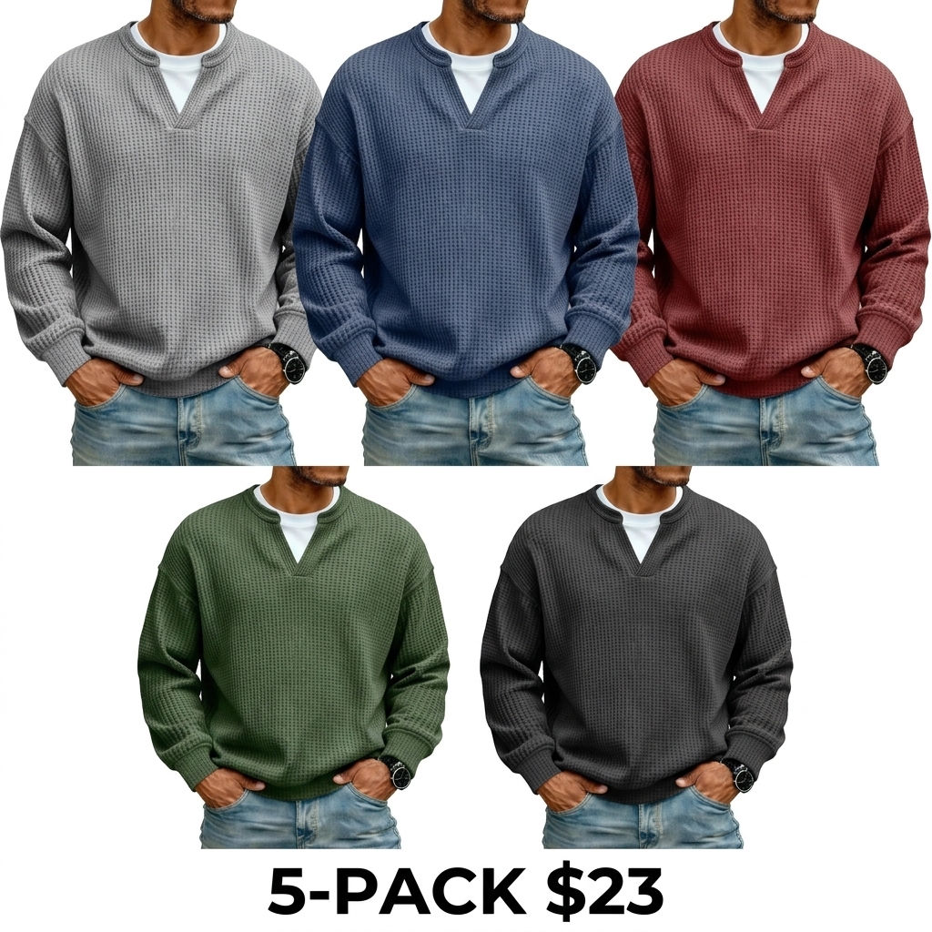 Men's 3D Checkered Waffle Knit Henley Polo Shirt – Breathable Soft Long Sleeve Loose Fit Top