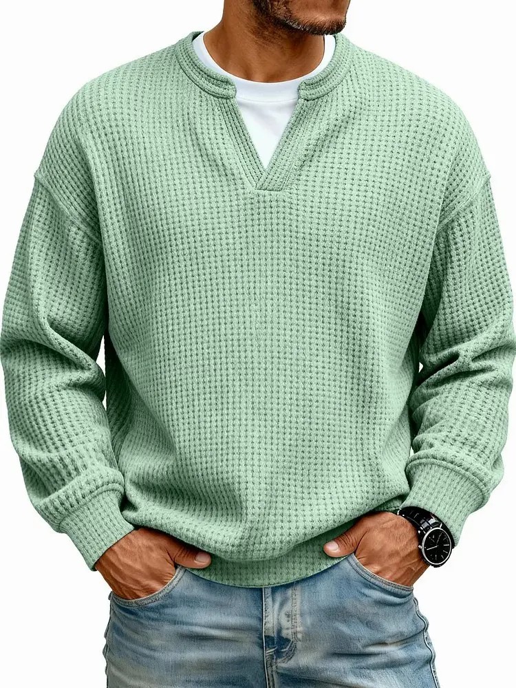 Men's 3D Checkered Waffle Knit Henley Polo Shirt – Breathable Soft Long Sleeve Loose Fit Top