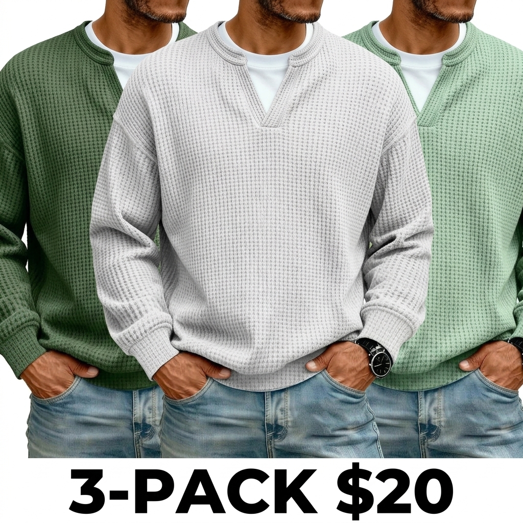 Men's 3D Checkered Waffle Knit Henley Polo Shirt – Breathable Soft Long Sleeve Loose Fit Top