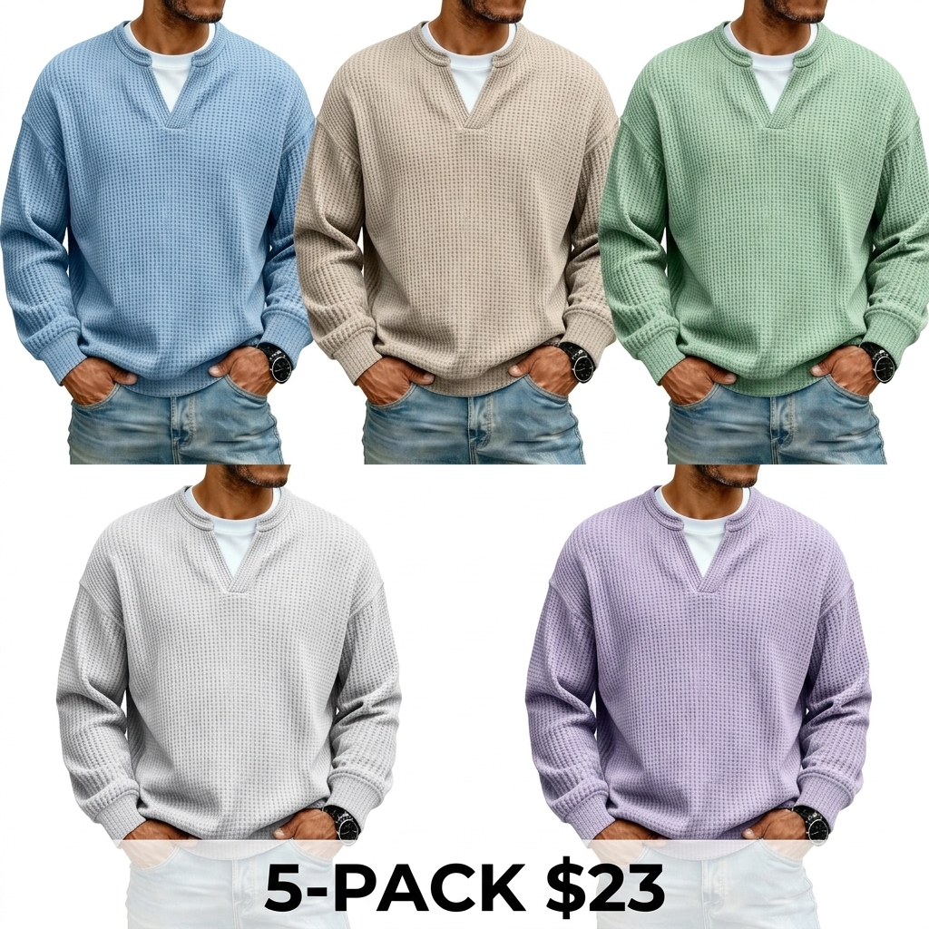 Men's 3D Checkered Waffle Knit Henley Polo Shirt – Breathable Soft Long Sleeve Loose Fit Top