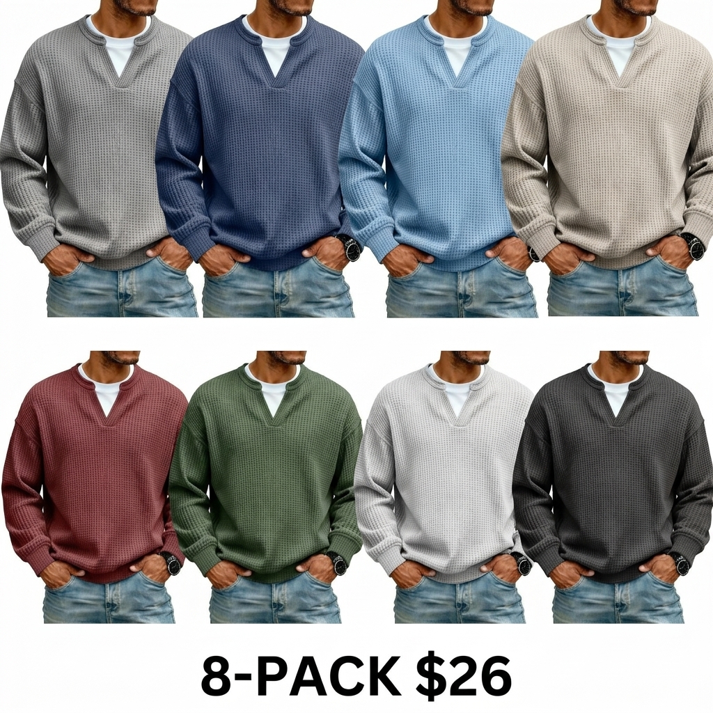 Men's 3D Checkered Waffle Knit Henley Polo Shirt – Breathable Soft Long Sleeve Loose Fit Top