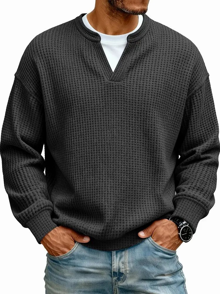 Men's 3D Checkered Waffle Knit Henley Polo Shirt – Breathable Soft Long Sleeve Loose Fit Top